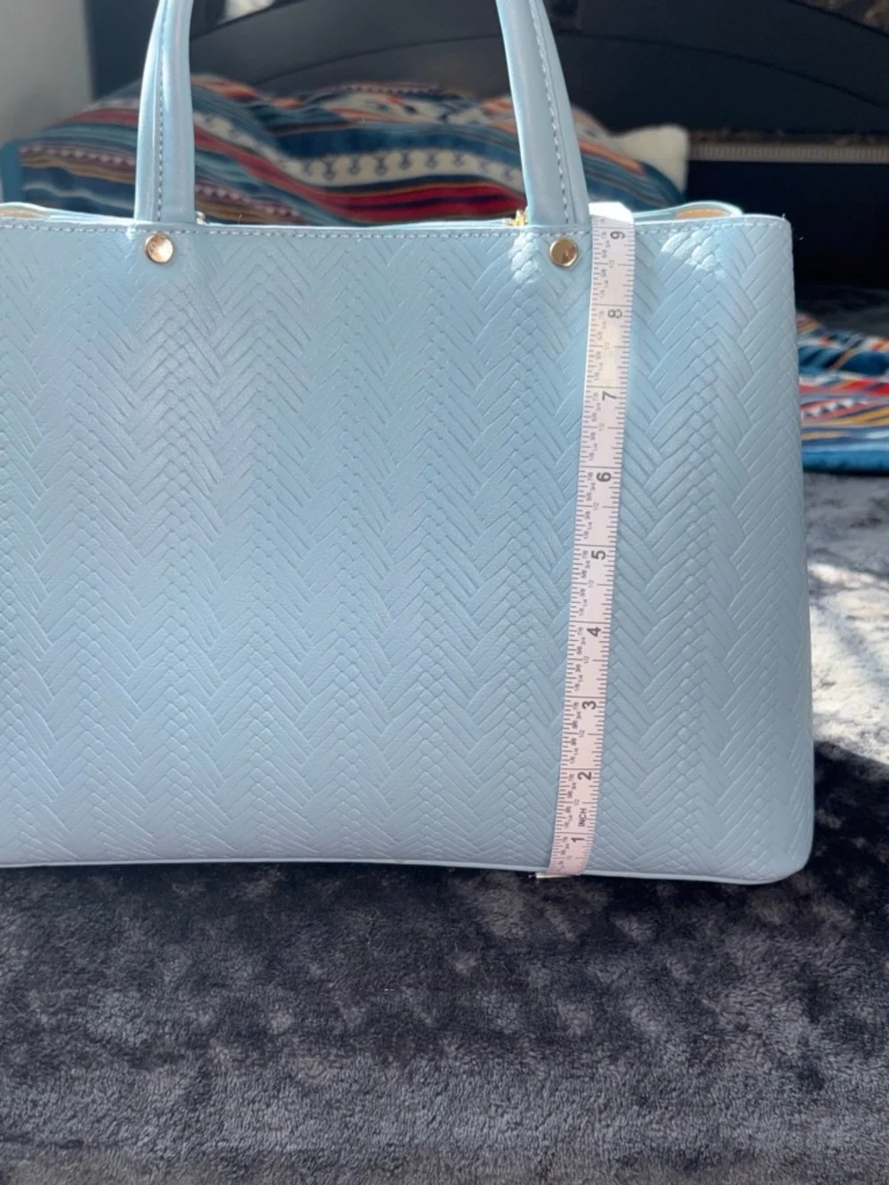 Elegant Light Blue Woven-Texture Satchel with Removable Strap